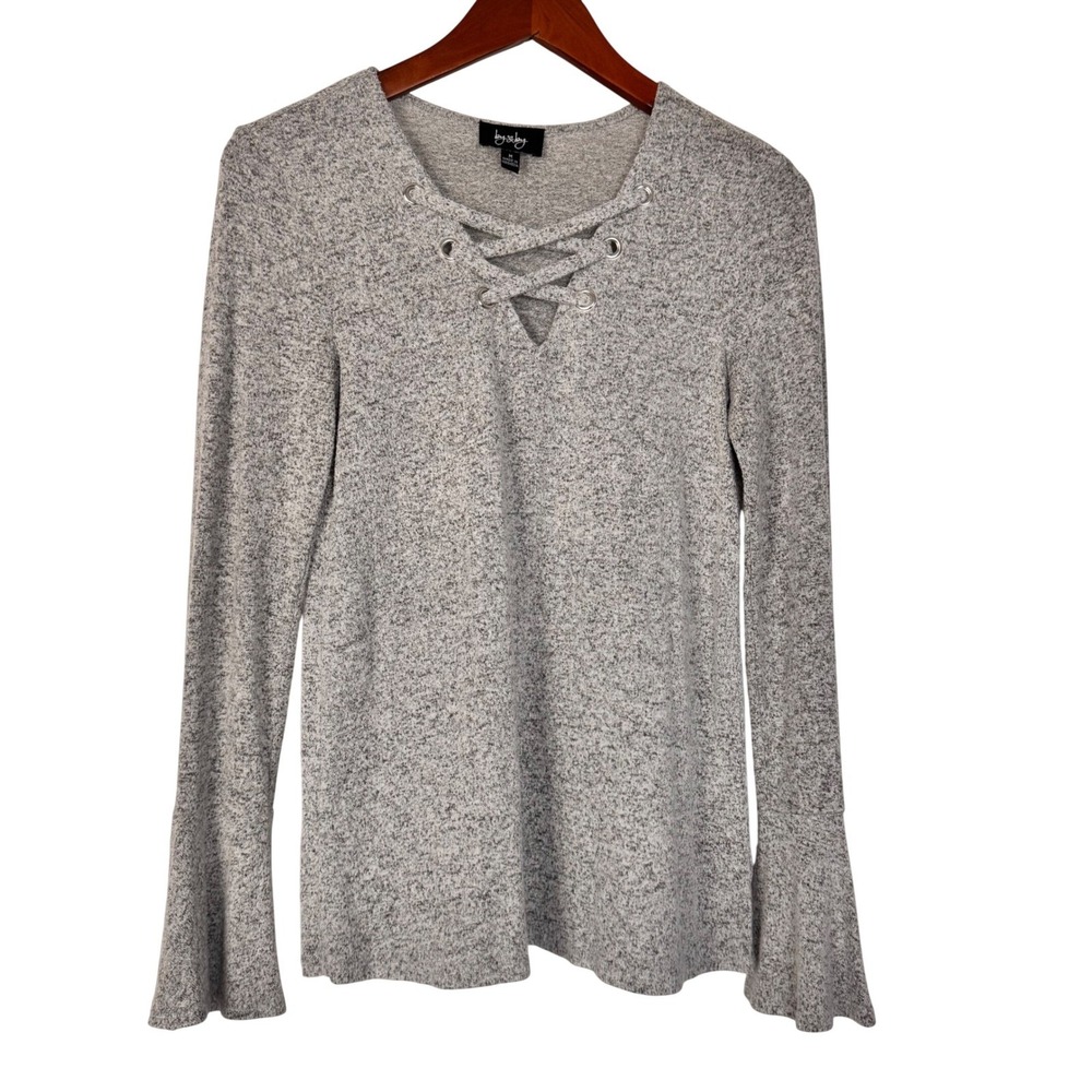 By & By Knit Top Women M Gray Lace Up Bell Sleeve Pullover Casual Cozy